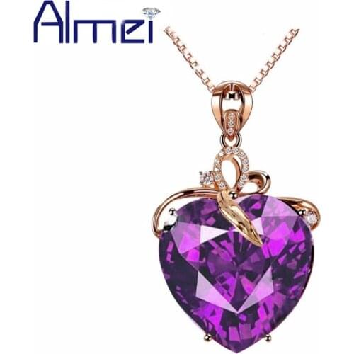 Almei Rose Gold Color Necklace Women Purple Heart Love Necklaces & Pendants Pendant Jewelry Valentines Day Gift for Girls DN372