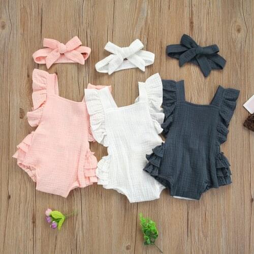 Toddler Baby Girl Casual Romper Solid Backless Ruffles Jumpsuits + Headband 2pcs Lovely Newborn Outwear Fly Sleeve Bodysuits