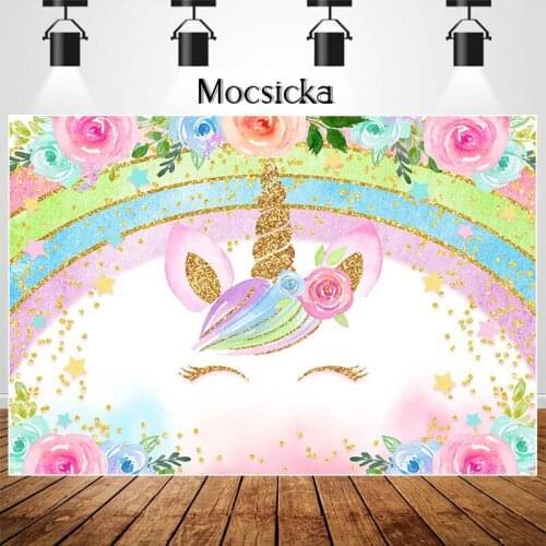 Rainbow Unicorn Birthday Backdrop Glitter Rainbow Floral Photography Background Magial Unicorn Birthday Party Decor for Girls