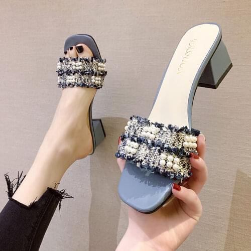 New Summer Wear Small Fragrance Pearl Slippers Female Wild Fairy Style Thick Heel Sandals And Slippers Trend