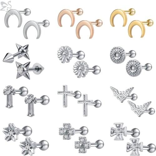 ZS 1 Pair Tiny Stainless Steel Geometric Stud Earrings For Women Girls Cubic Zirconia Ear Studs Moon Cross Flower Shape Earrings