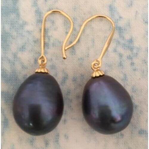 11-13mm natural baroque black grey pearl dangle earring 14k 863AA