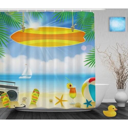 Summer Holidays Beach Secen Bathroom Shower Curtain Cute Flip Flops Decor Shower Curtains Waterproof Polyester Fabric With Hooks