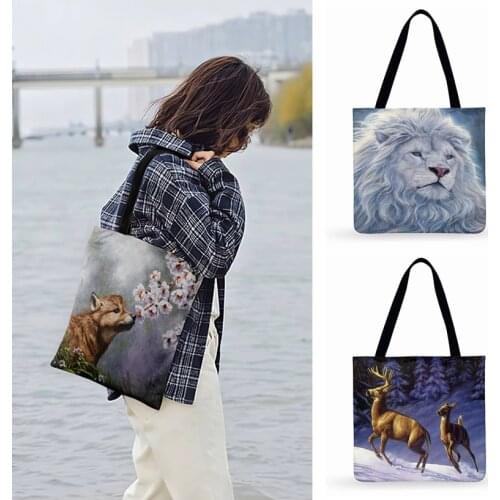 Foldable Shopping Bag Outdoor Beach Tote Call Of The Wild Painting Print Tote Bag For Women Casual Tote Ladies Shoulder Bag