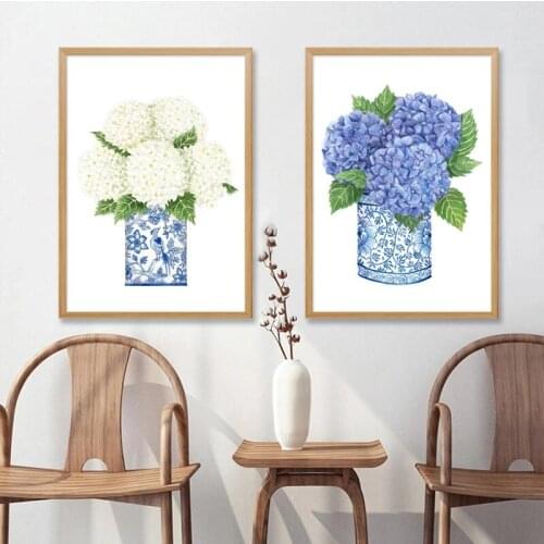 Modern Abstract Wall Art White Blue Hydrangea Flower Paintings Nordic Vase Picture Canvas Posters Prints Living Bedroom Decor