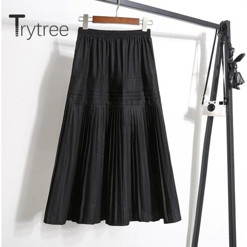 Trytree 2020 Summer Women Casual Skirt 5 Color Solid A-line Pleated Elastic Waist Fashion All-Purpose Style Office Lady Skirt