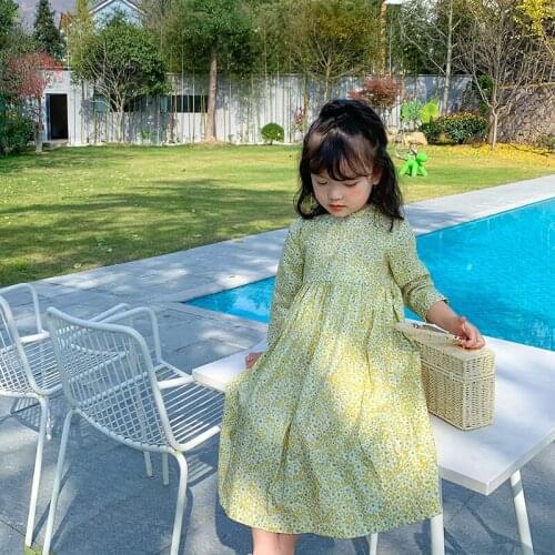 Spring girls floral casual long style dresses cotton little princess all-match long-sleeved dress