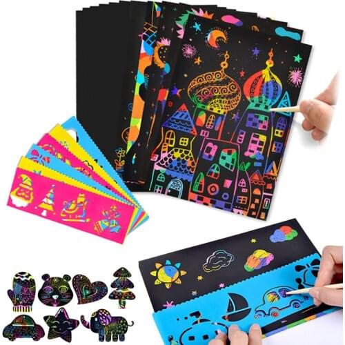 Magic Color Rainbow Scratch Art Paper Card Set with Graffiti Stencil for Drawing Stick DIY Art Painting Toy for Children