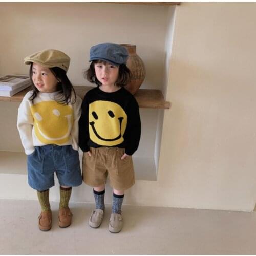 Girls Boys Knitted Sweaters 2021 Spring Kids Smile Cartoon Cute Pullover Long Sleeve Beige Black Cardigan Sweater