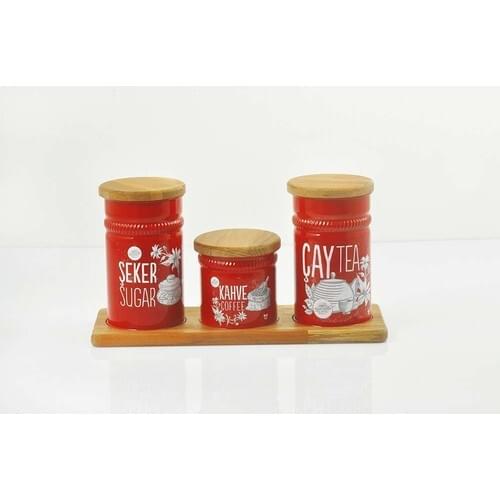 Yildiray Metal Rectangle Wooden Standing Cover 3'lü Tea Sugar Coffee Storage Box Red