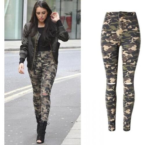 2021 Camouflage Jeans Woman High Waist Stretch Pencil Jeans With Holes Jeans Skinny Jeans Denim Pants Women