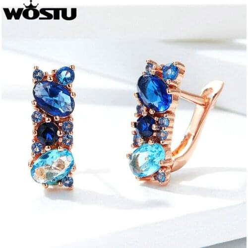 WOSTU European Style Blue Crystal Clip Earrings Copper Clear CZ Rose Gold Earrings For Women Wedding Engagement Jewelry FFE175