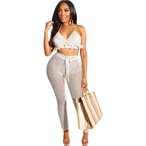 Knitted Crochet Sexy Two Piece Set Summer Women Hollow Out Halter Backless Tassel Crop Top+ See Through Pants Beach Club Outfits