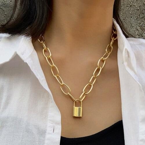 Punk Exaggerated Thick Chain Lock Pendant Necklace for Women Vintage Temperament Geometric Necklace Pendants Jewelry Kolye