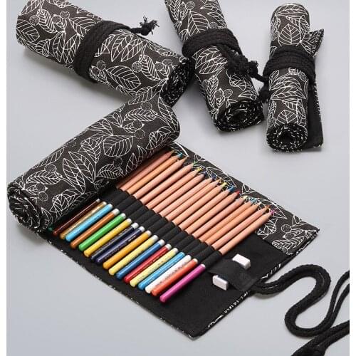 50pcs Canvas School Pencil Case 24/36/48/72 Holes Roll Pencilcase Large Cute Leaf for Girls Boys Pen Bag Stationery Pouch