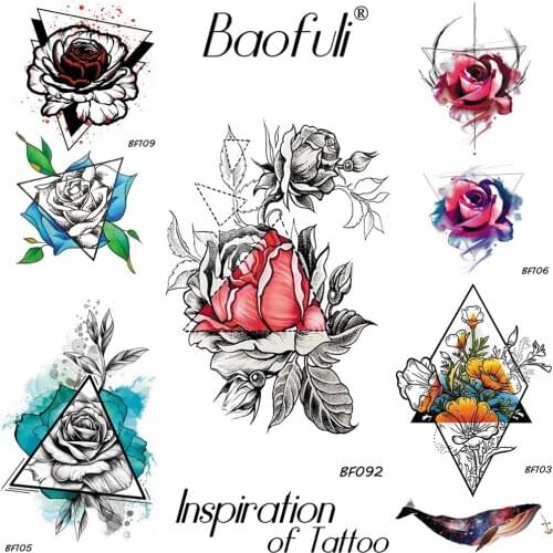 Baofuli Sketch Triangle Rose Watercolor Geometric Whale Temporary Tattoo Sticker Waterproof Fake Tatoo Sexy Women Make Up Flower