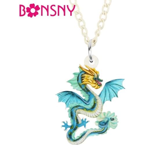 Bonsny Acrylic Cute Blue Wings Dragon Dinosaur Long Necklace Pendant Trendy Chain Unique Gifts Jewelry For Women Girls Charms