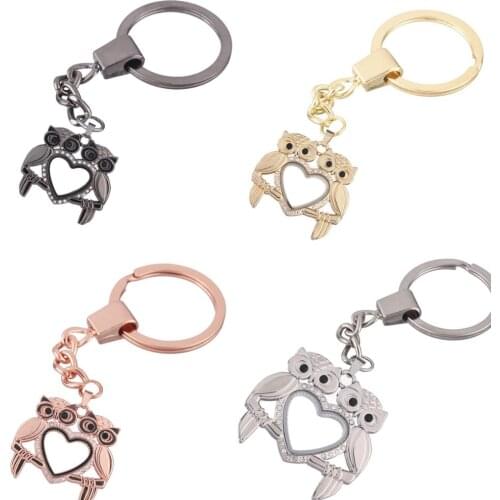 1pcs Two owls heart Rhinestone Floating charms Alloy Locket Keychain DIY Magnetic twist living memory Glass locket Key ring