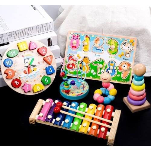 Wooden Octave Knocking On the Piano Around The Bead Rainbow Tower Threading Alarm Clock Shape Set Column Kids Building Block Toy