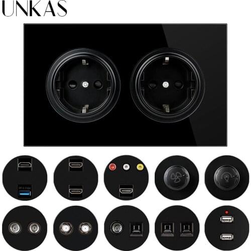 UNKAS Dual EU Black Glass Panel Socket + HDMI-Compatible Port USB TV RJ11 Telephone RJ45 Computer Dimmer Fan Regulator Switch