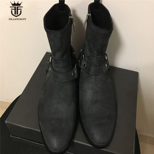 High End Exclusive Handmade Luxury wax suede Leather Wyatt Ankle Strap Chelsea Men Boots Wedge Catwalk Fashion Personalize Boot