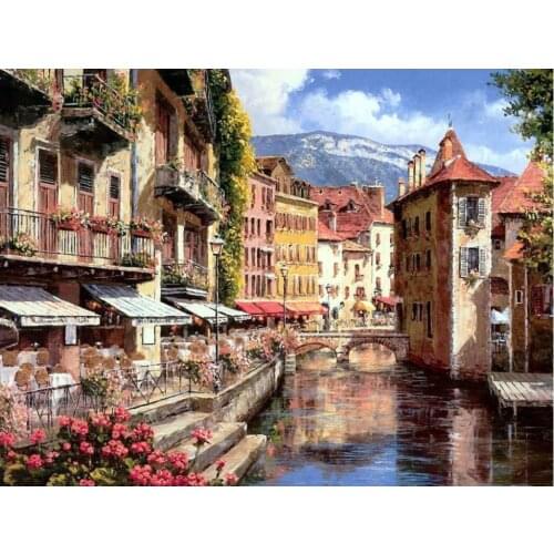 City scenery diamond painting water town mosaic art embroidery landscape rhinestone picture puzzle toys kids drawing wall decor