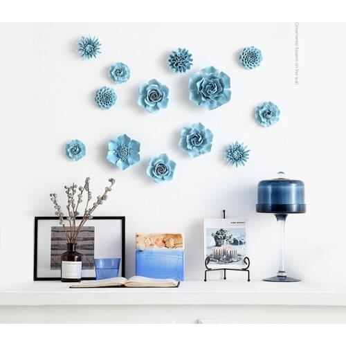 Chinese Blue Peony Rose Ceramic Flower Wall Hanging Ornaments Home Livingroom Wall Mural Decoration Hall Hotel Cafe Wall Sticker