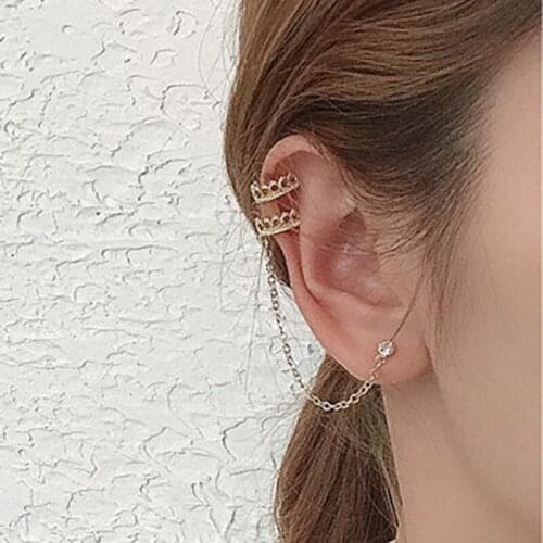 Korean One Pieces Link Chain Earcuff Clip on Earrings Crystal Fake Piercing Earrings for Women Girls Gifts Aesthetic Jewelry
