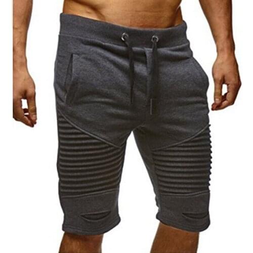 Summer Casual Solid Mens Shorts Fashion Pleated Hole Elastic Waist Drawstring Knee Length Bodybuilding Beaching Male Shorts