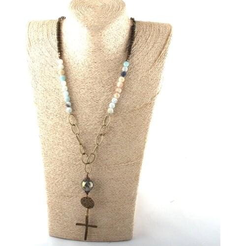 Fashion Jewelry Natural Stone & Glass Crystal Long Chain Glass Boll Cross Pendant Necklaces For Women Ethnic Necklace Dropship