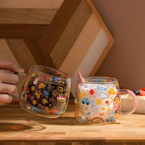 Cartoon double-glazed cute office home milk cup breakfast cup coffee mug flower teacup double wall glass cup