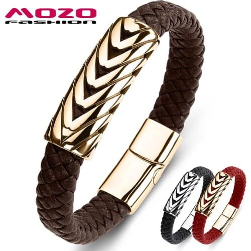 MOZO FASHION Classic Men Genuine Leather Arrow Stainless Steel Magnet Buckle Bracelet Handmade Wholesale Jewelry Gift 078