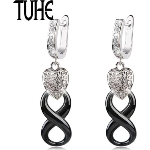 2018 New Smooth Black Ceramic Simple Style Infinity Symbol Drop Earrings Silver Heart Shape Crystal Women Ceramic Earrings Gifts