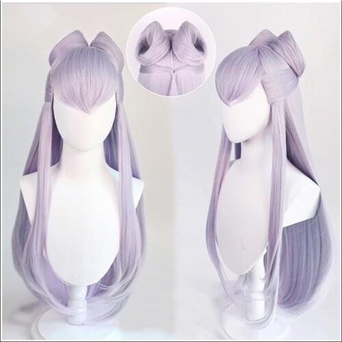 Game KDA Baddest Evelynn Cosplay Wigs LOL KDA Cosplay Long Purple Wigs with Buns Heat Resistant Synthetic Hair + Wig Cap