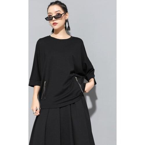 European version 2021 summer round neck Pullover personalized zipper loose T-shirt casual versatile bat sleeve T-shirt fashion