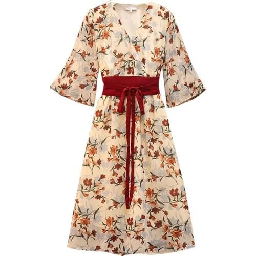 Plus size women A-line Summer print dress short sleeve sashes v neck loose women vintage dress ladies high waist vestidos mujer