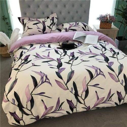 Luxury Purple 100% cotton Printed Flower leaf Bedding sets Sanding Queen King Pastoral Duvet cover Bed sheet set Pillowcases 4pc