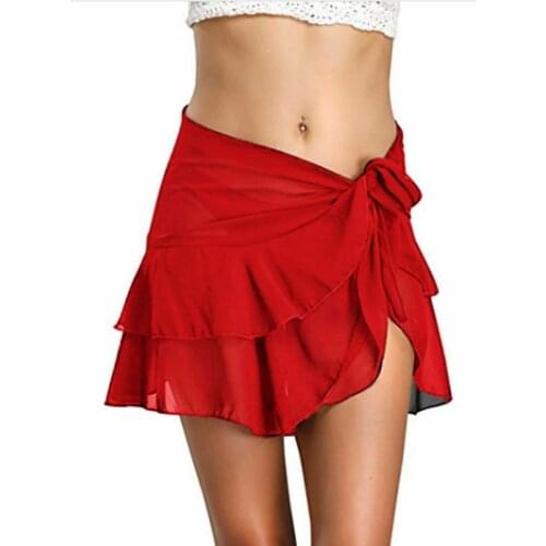 Hirigin Sexy Women Swimwear Bohemian Elastic Waist Solid Mini Skirt Women Ruffles Short Swing Beach Skirts Chiffon Cover-Ups