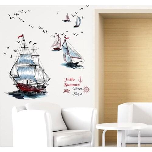 Modern Sailboat Ship Seagull Summer Scenery View Wall Stickers Living Room Garden Bedroom Waterproof Removable Art Decals Mural
