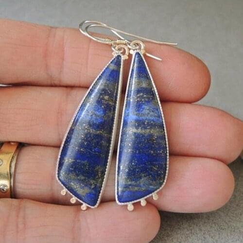 Tibetan Natural Navy Blue Stone Earrings for Women Vintage Jewelry Geometric Metal Triangle Water Drop Boho Earring