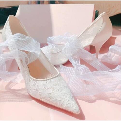 Summer lace straps pointed toe breathable fine high-heeled mesh bridal wedding shoes banquet dress wild womens single shoes