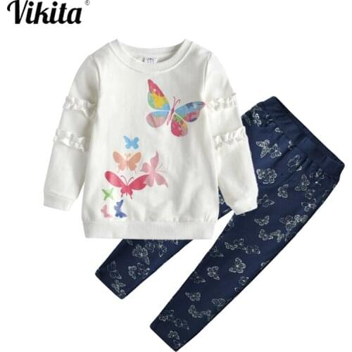 VIKITA Girls Clothes Sets 3-8Y Butterfly Unicorn Rainbow Cartoon Print Long sleeve Cotton Tops and Trousers Pants Girls Clothing