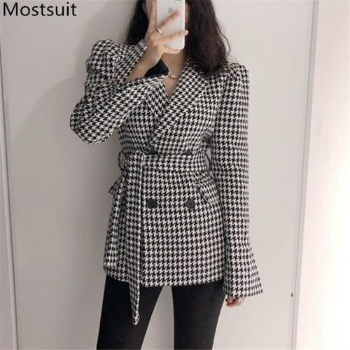 Vintage Korean Houndstooth Woolen Suit Blazers Women Long Sleeve Double-breasted Belted Coats Jackets Elegant Workwear Outercoat