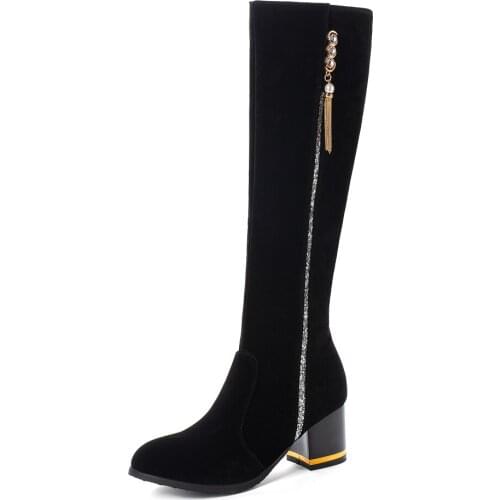 Cow Suede TPR Sole Thick Heel Knee-Length Boots Pearl Tassel Round Toe Autumn And Winter Warm Boots