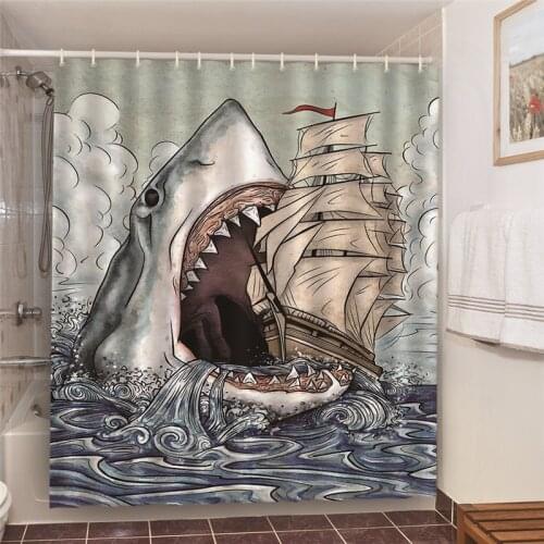 Cartoon Animals Shower Curtains Giant Shark Devour Sailboats Dolphin In The Air Bathroom Decor Waterproof Cloth Blackout Curtain