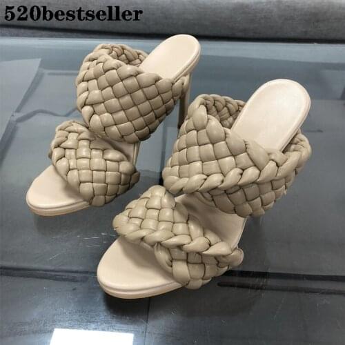 Summer new Runway sandalias slippers high heels for women Lady high heels shoes round toe Thin Heels 2021 Woven zapatos mujer