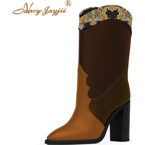 Luxury 2021 Genuine Leather Mixed-Color Retro Women Mid Calf Boots High Thick Heel Adult Pointy Comfy Botas Winter Outdoor 41 46