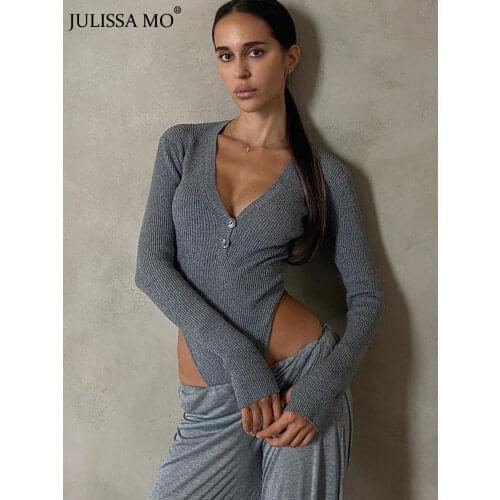 JULISSA MO Womens Long Sleeve Striped Basic Solid Bodysuit Autumn New Sexy V-neck Stretchy Jumpsuit Femme Leotards Rompers Tops