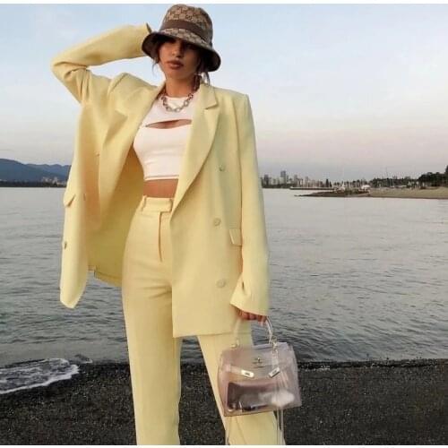 Womens Suit Office Set For Work Lady Yellow Plus Size 2 Pieces High Street Casual Plus Size Jacket Blazer Pants