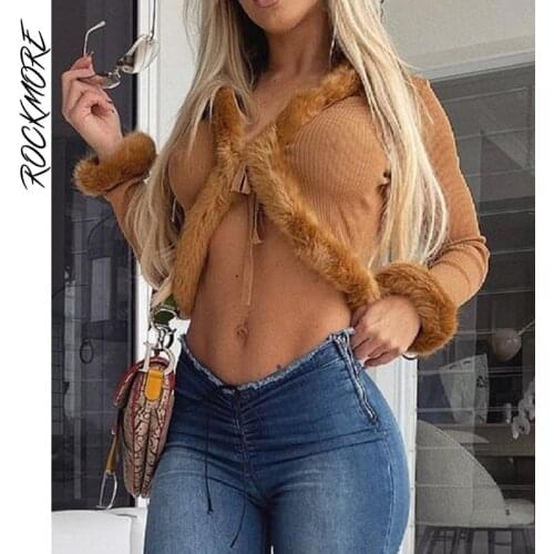 Rockmore Brown Plush Knitted Crop Tops Long Sleeve Tie Up Cardigan Women Vintage T Shirt Autumn Streetwear Sexy Tee Shirts 2021